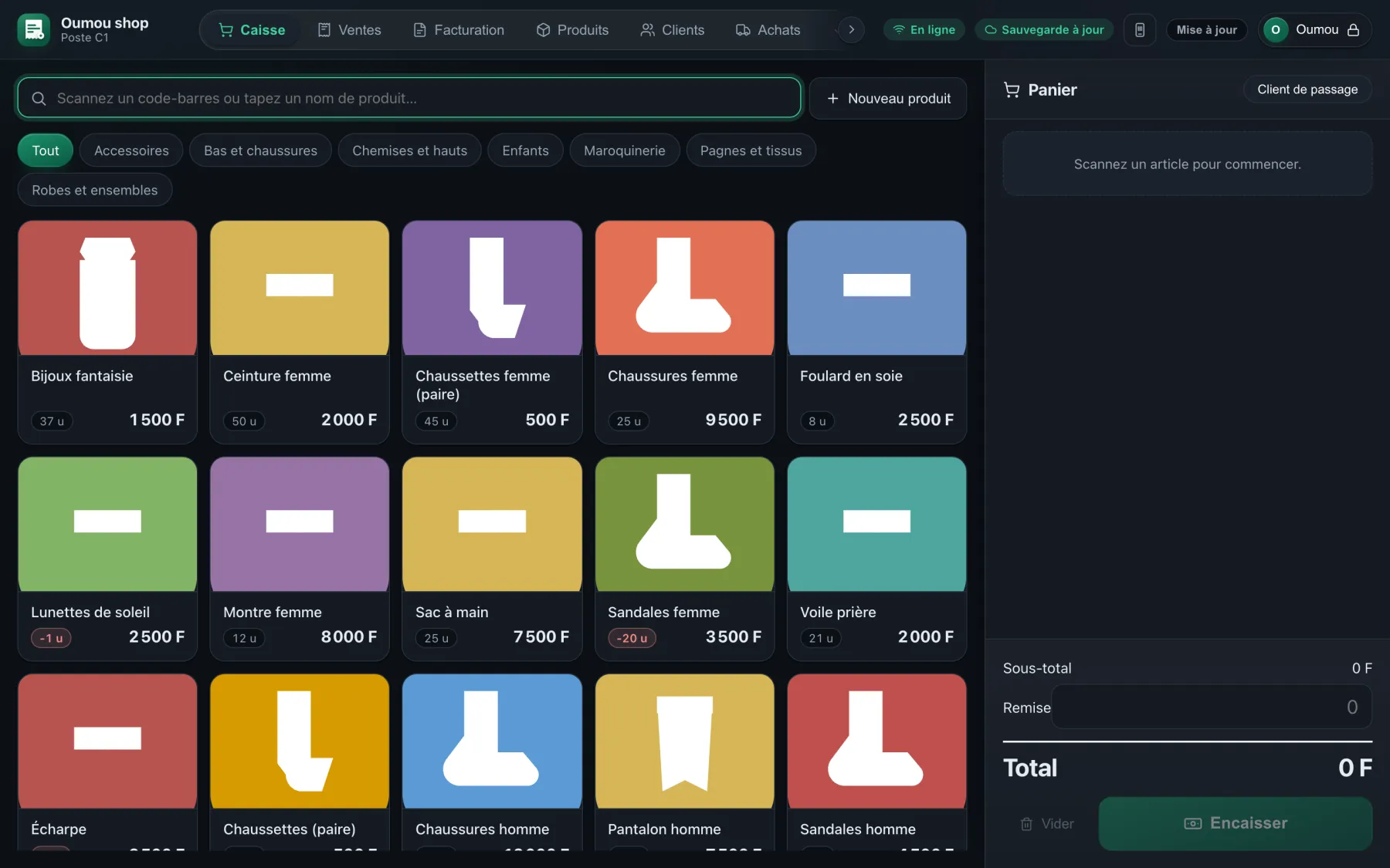 Écran de caisse de POS Plus : recherche par code-barres ou par nom, rayons, fiches articles avec stock et prix, panier et bouton Encaisser à droite.
